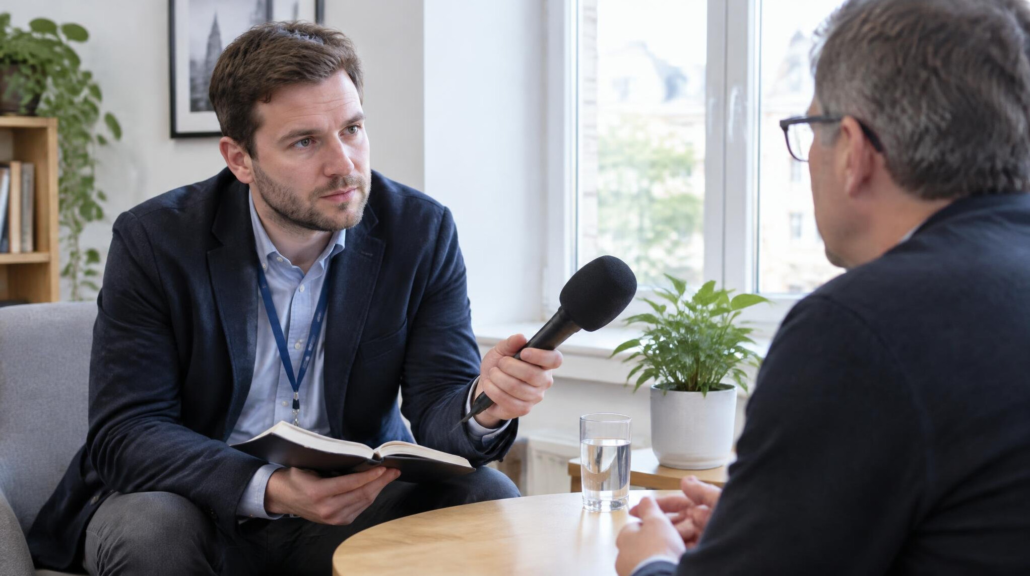 Journalist interviewing a subject with a microphone and notebook