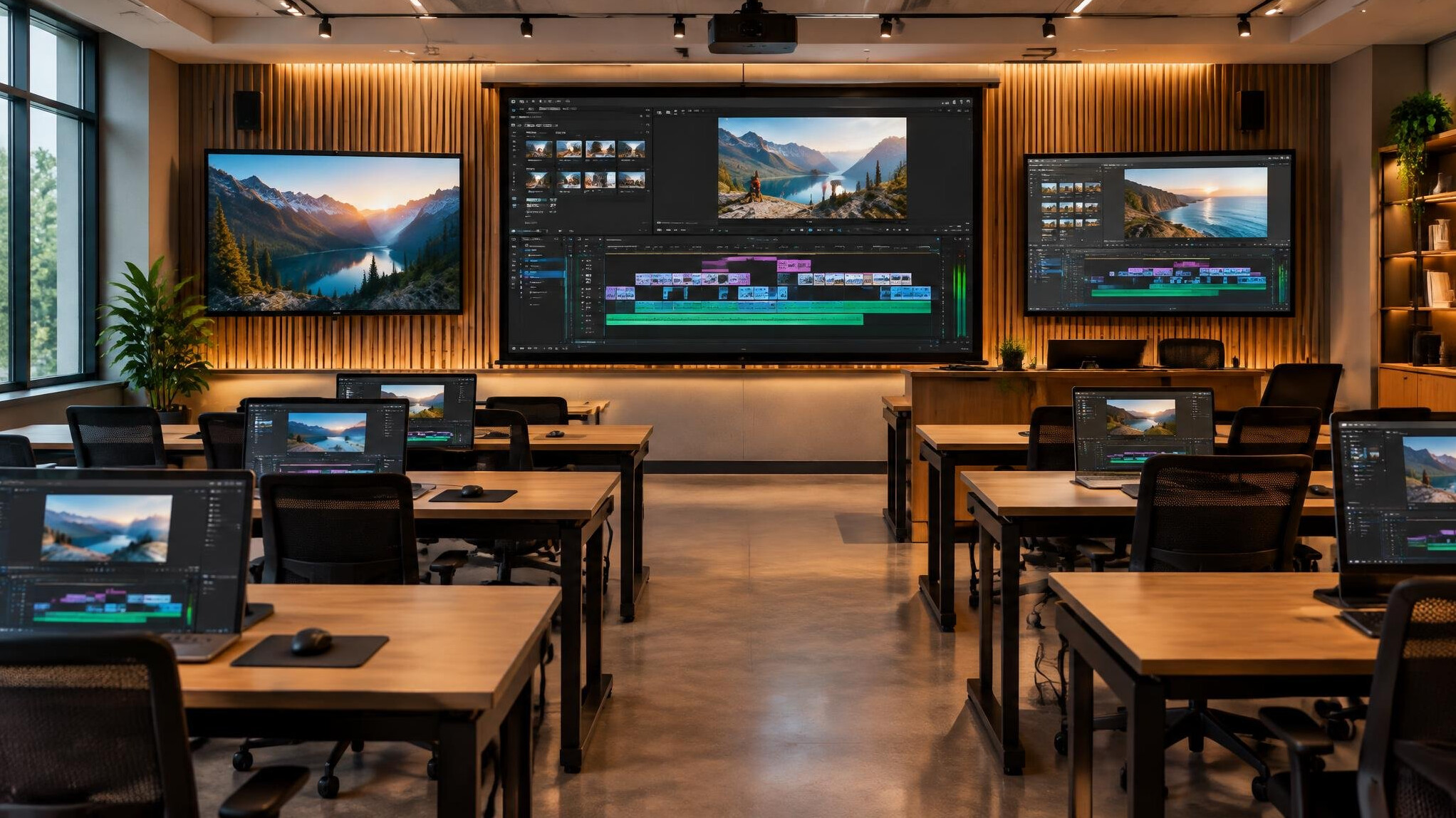 Classroom workshop with screens showing video editing timelines