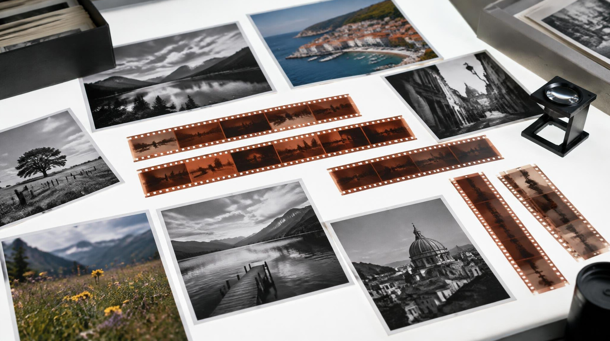 Printed photographs and film frames spread on a light table