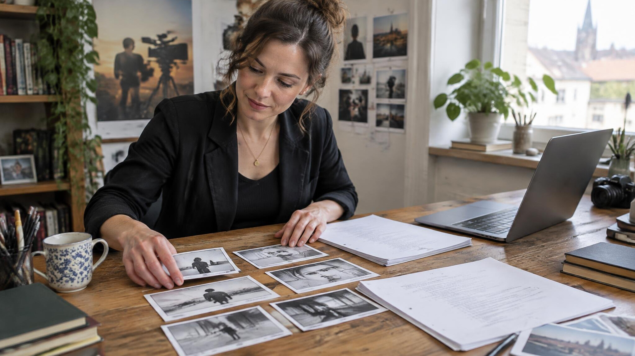 Person arranging storyboard cards and script pages at a creative desk