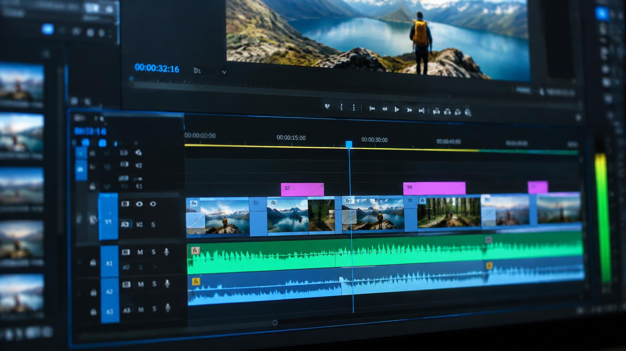 Close-up of a video editing timeline on a monitor