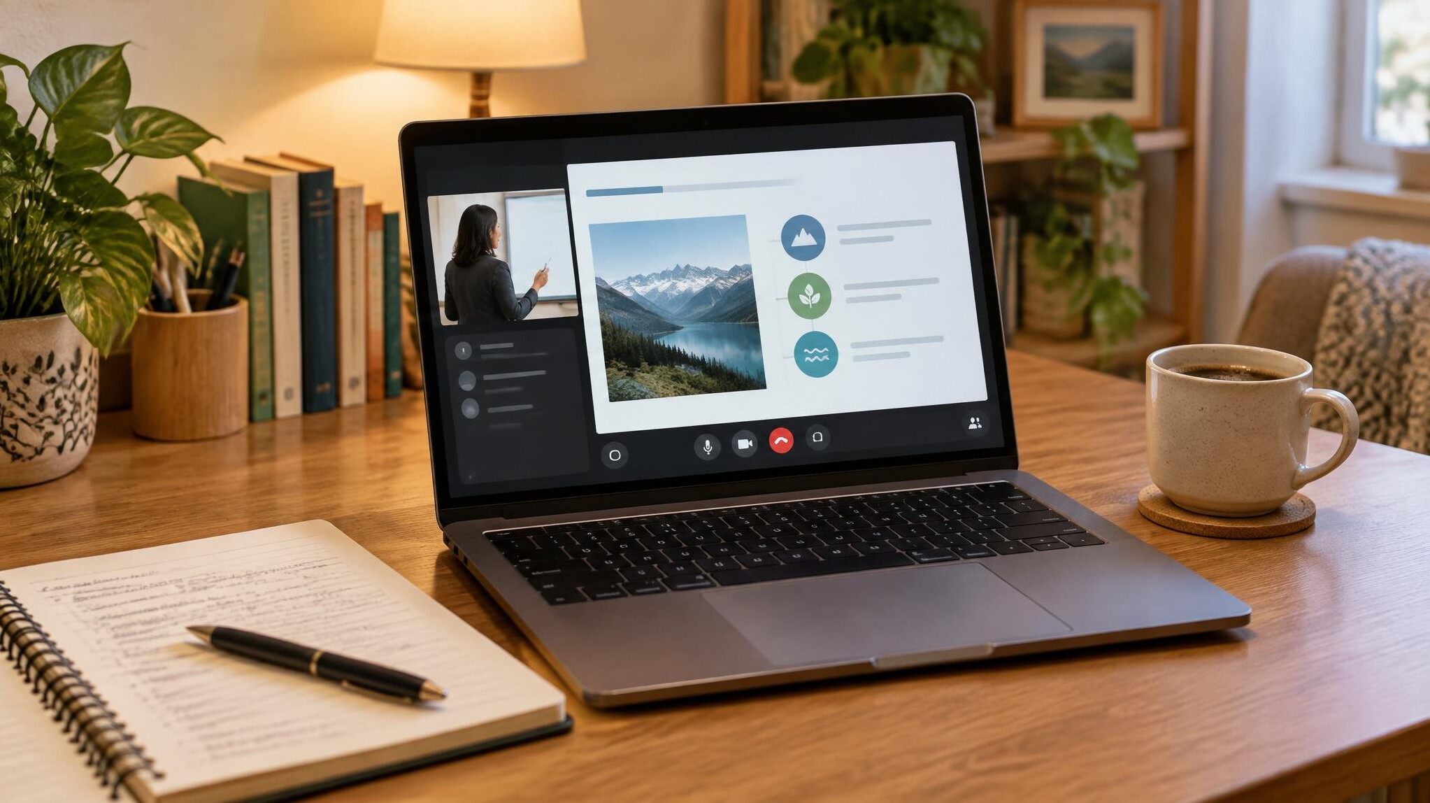 Laptop screen showing an online video lecture at a home desk